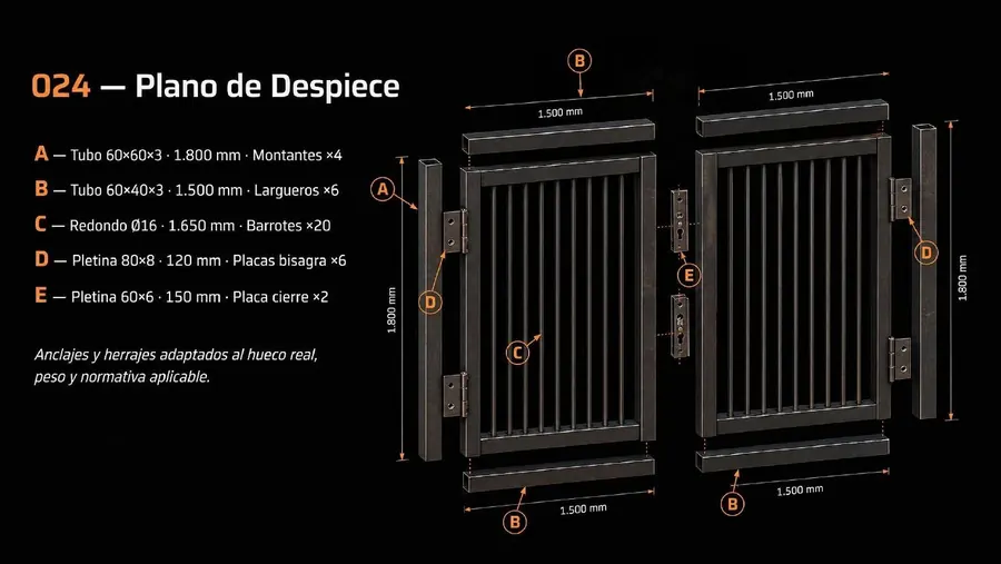 Cancela de dos hojas: Medidas y despiece